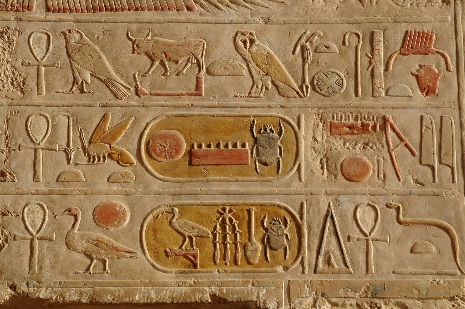 Ancient Egyptian language hieroglyphs carved into historic stone temple walls